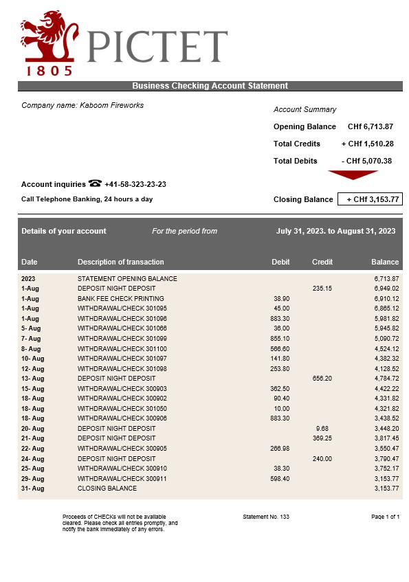 Modèle Word et PDF de relevé de compte de la Banque Pictet